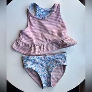 Ruffle Butts Reversible Pink Striped & Floral Two-Piece Swim Set 2T